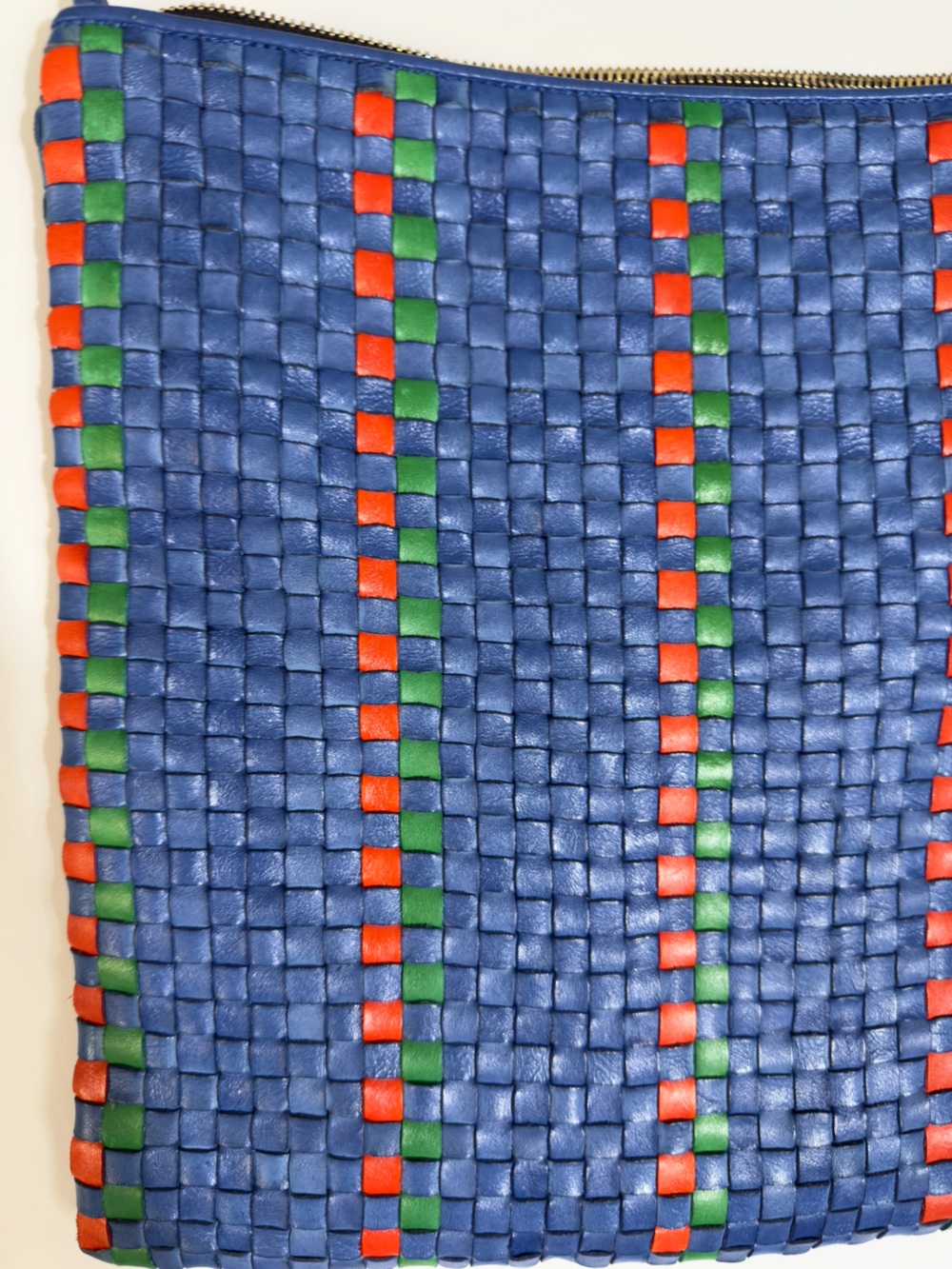 Rare Clare V. Handwoven Leather Messenger Bag Blue Red Green Checkered Stripe - Picture 14 of 15